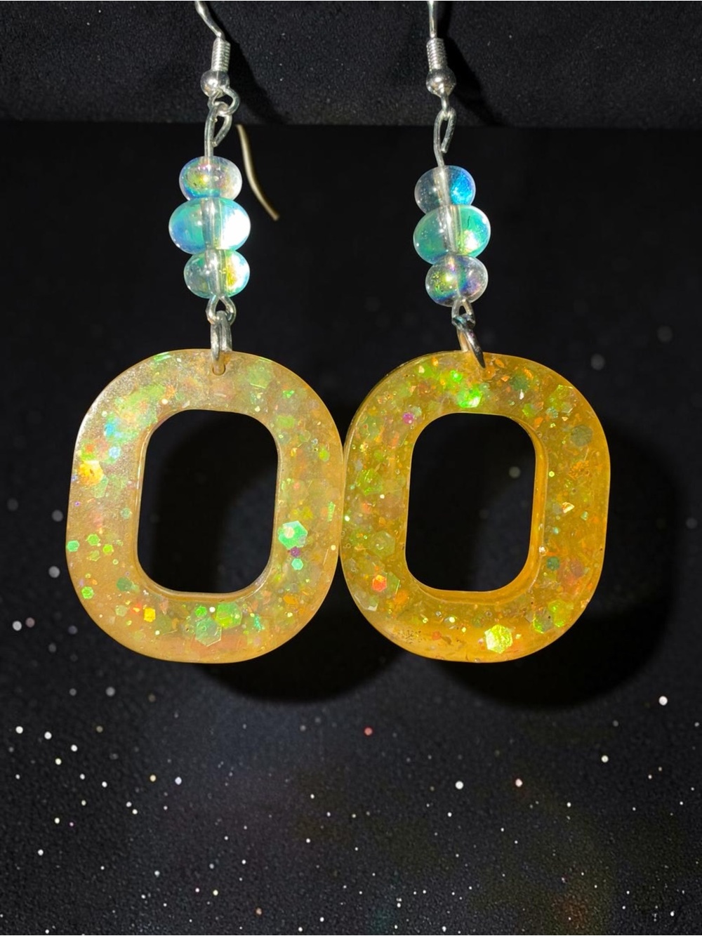 Handmade Golden Glitter Resin Square Beaded Dangle Earrings - Picture 4 of 5